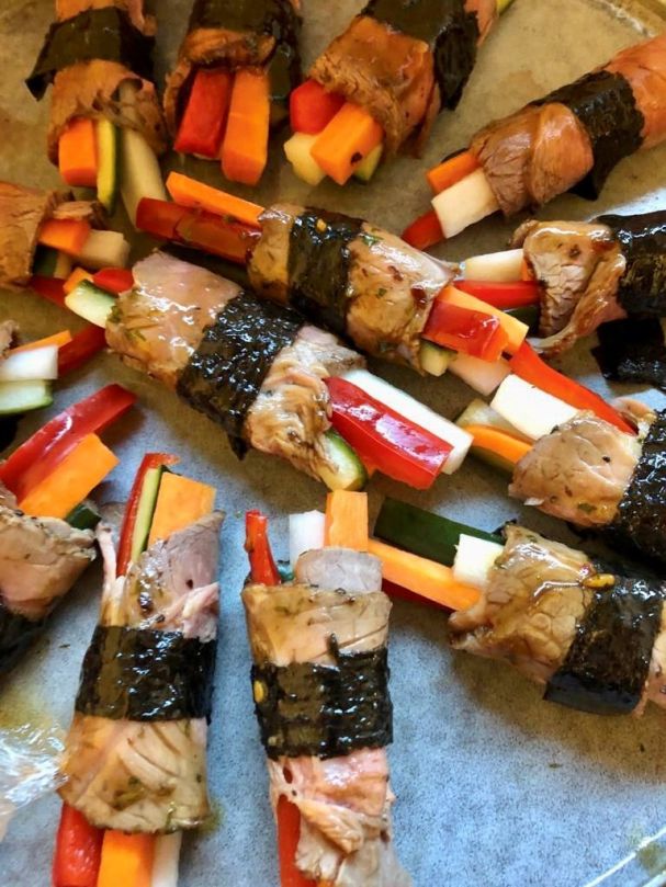 Thai beef, pickled vegetable rolls