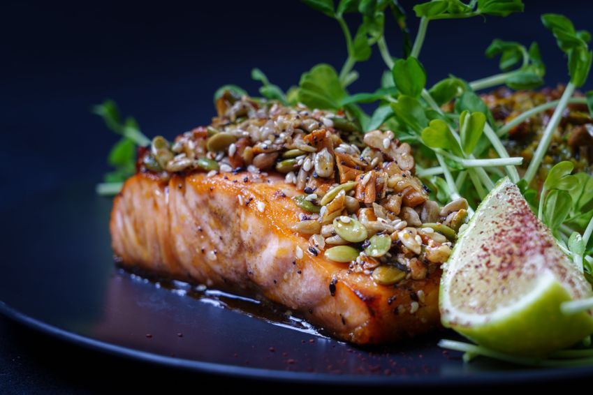 Seed crusted salmon portions