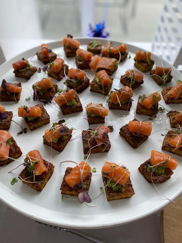 Potato cake topped with smoked salmon