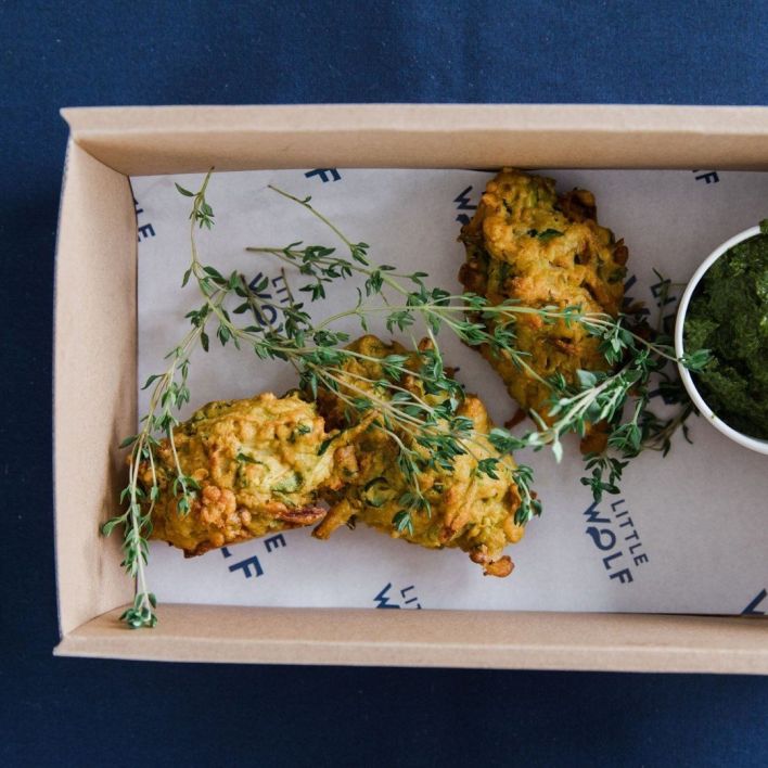 Chickpea courgette bhaji, salsa verde vg, nga