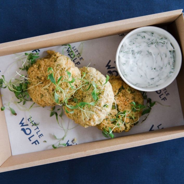 Pea and mint falafel, coconut yoghurt nga, vg