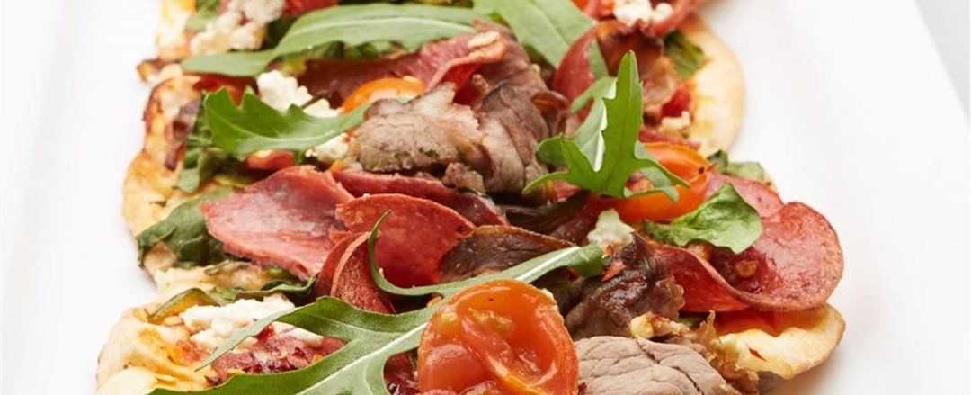 Sapore Pepperoni, Spicy Beef, Fetta, Baby Spinach & Cherry Tomato Pizza