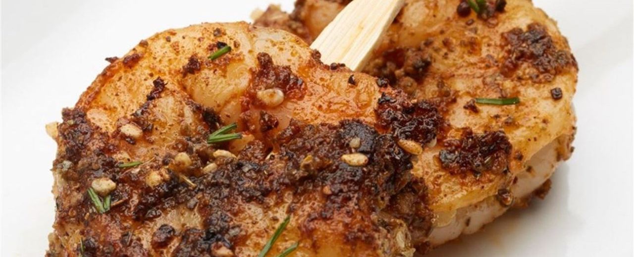 Sapore Dukkah Crusted Prawns on Skewers with Minted Yoghurt 
