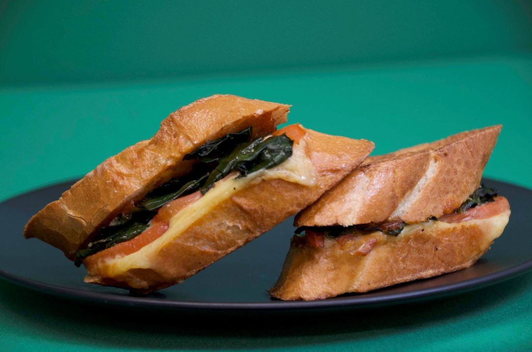Croque monsieur,  grilled cheese, tomato, spinach