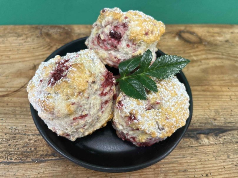 Raspberry, lemon scone, butter