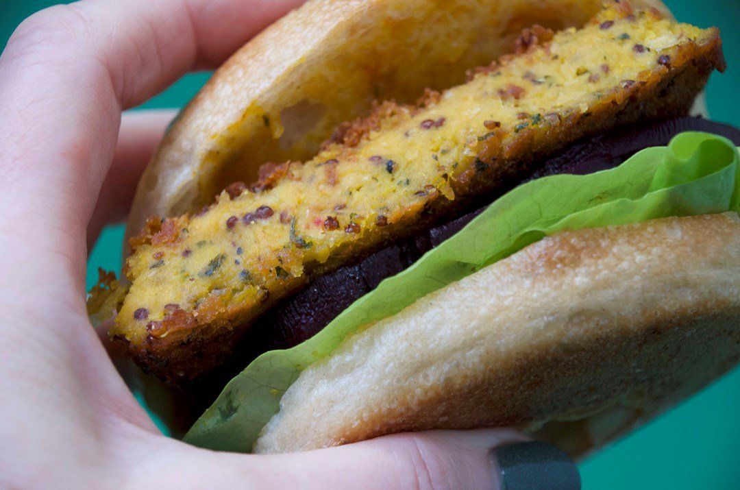 New York bagel with Falafel, quinoa patty, beetroot, vegan cheese, lettuce
