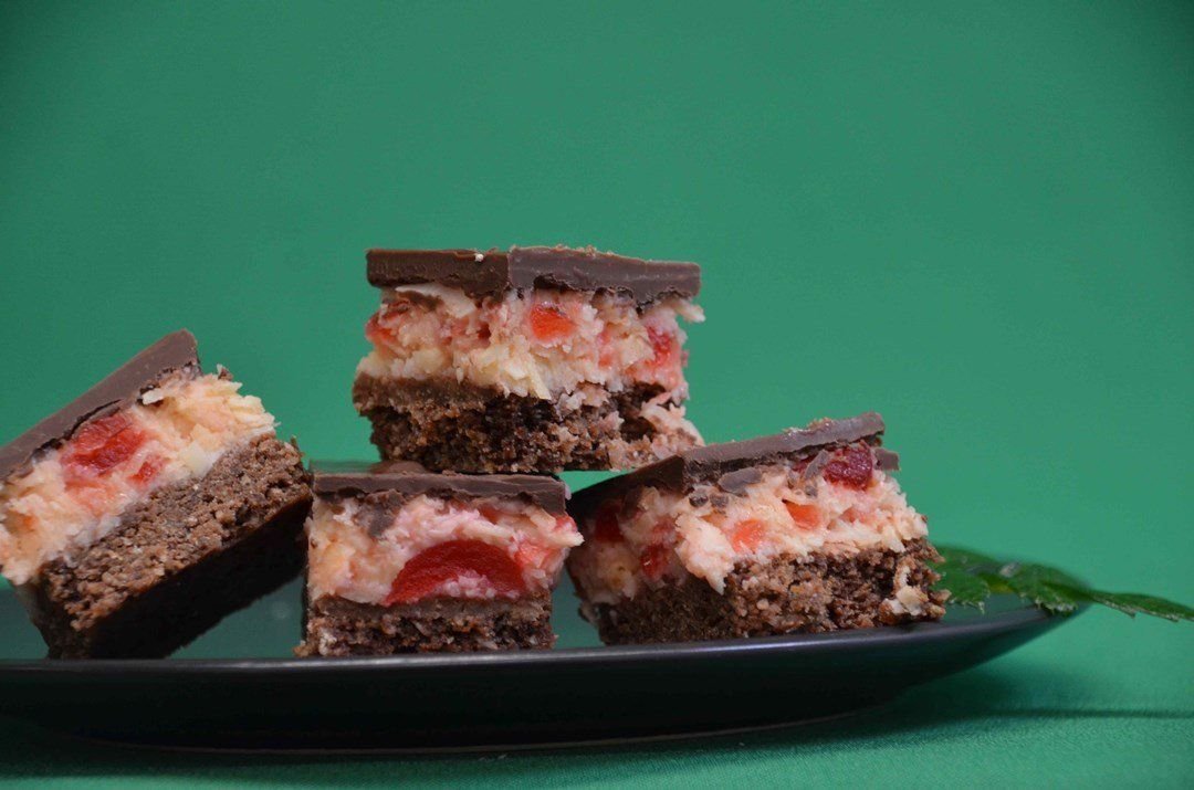 Dark chocolate cherry ripe slice
