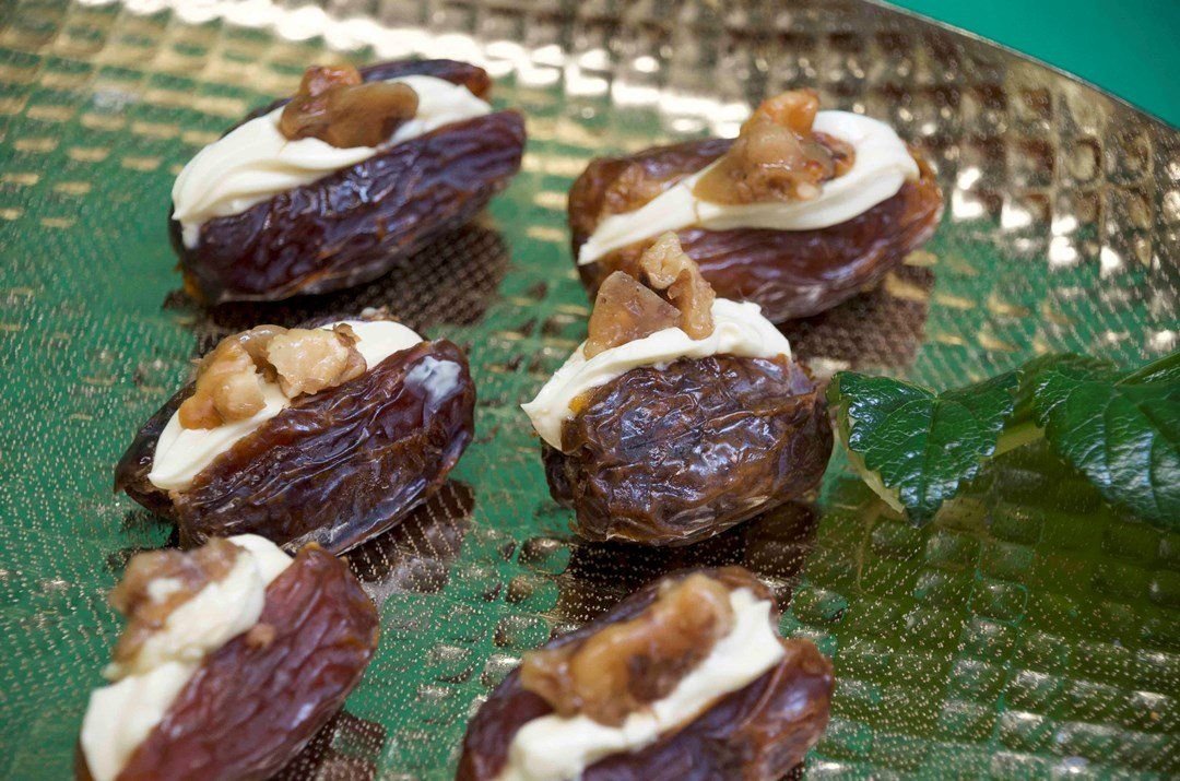 Cream cheese stuffed dates, caramelised walnut