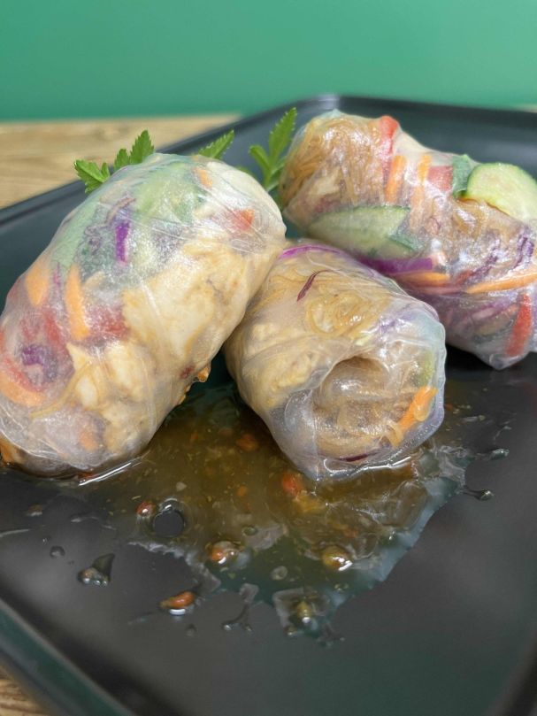Chicken, rice paper rolls, In house sweet sour dipping sauce