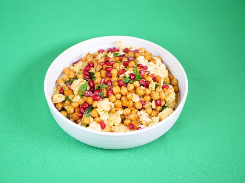 Spiced cauliflower, pomegranate, chickpea salad