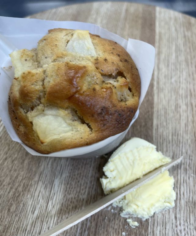 Chai spiced, pear, ginger muffin, butter