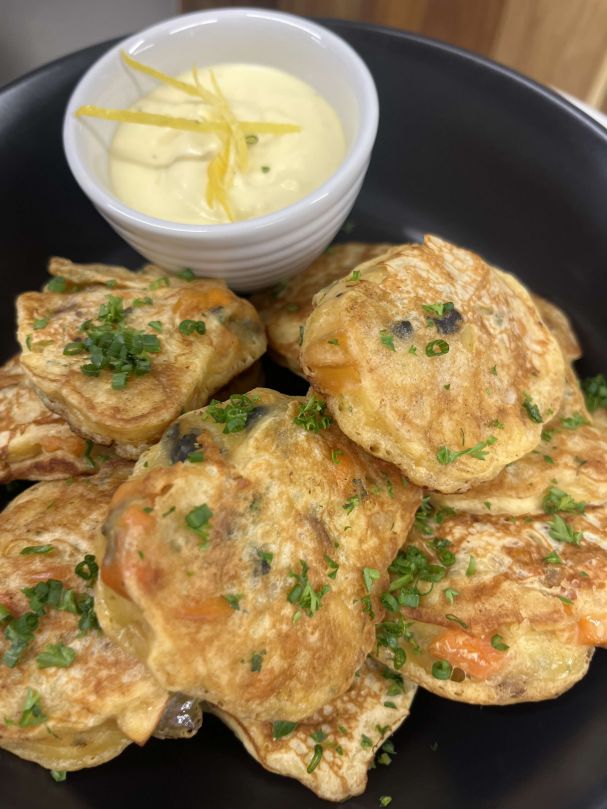 New Zealand mussel fritters, lemon creme fraiche