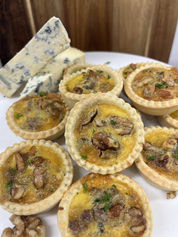 Caramelised walnut, blue cheese, pear tart, canape