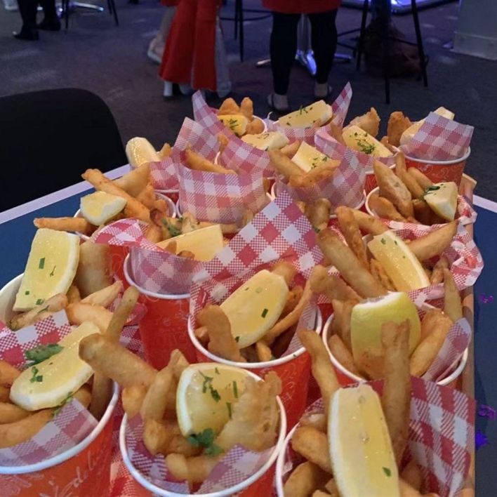 Fish and chips cups with tartare & lemon