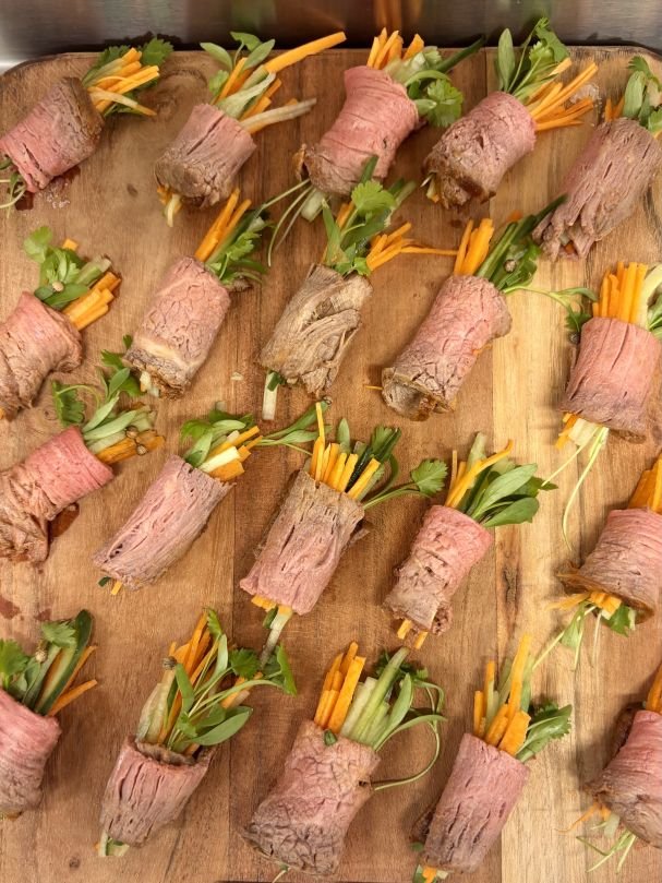 Rare Korean spiced beef pickled vegetables & crispy shallots (NAG, NAD)
