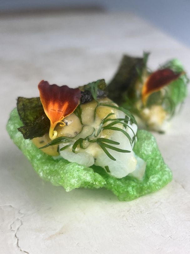 Snapper tartare on tapioca cracker  w smoked oyster mayo (NAG, NAD)
