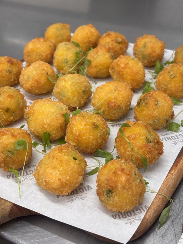 Saffron, pea & parmesan arancini w basil pesto - W