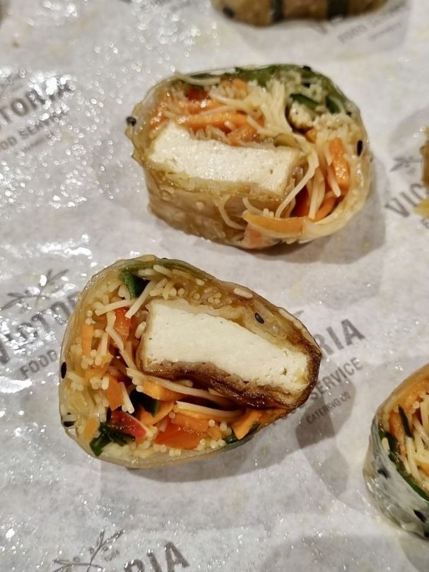Marinated tofu & pickled vegetable rice paper roll w soy sesame dressing - canape (PB, NAG, NAD)