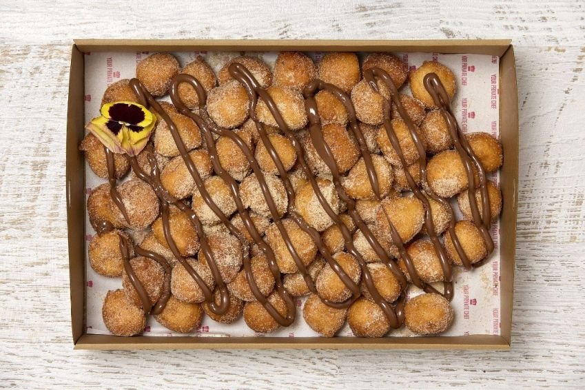 Nutella Fritule Donuts Box – Small Croatian Donuts Rolled in Cinnamon Sugar topped with Chocolate Sauce