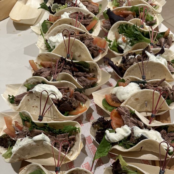 BOWL FOOD - Mini Lamb Souvlaki, Mixed Leaf, Tzatziki and Diced Tomato