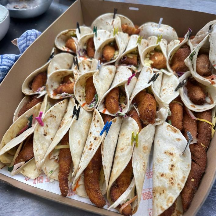 BOWL FOOD - Tacos with Panko Chicken, Spiced Slaw, Salsa and Cheese