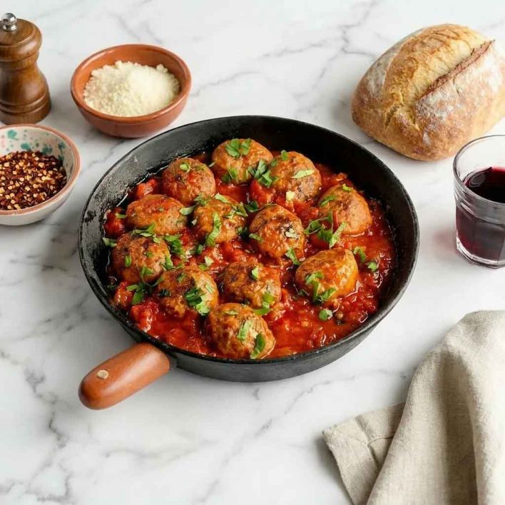 Italian rolled meatballs, Napoli sauce with bamboo toothpick