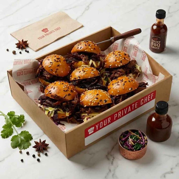 Brioche Mini Burger with Pulled Beef Brisket Cola BBQ Sauce & Spiced Slaw