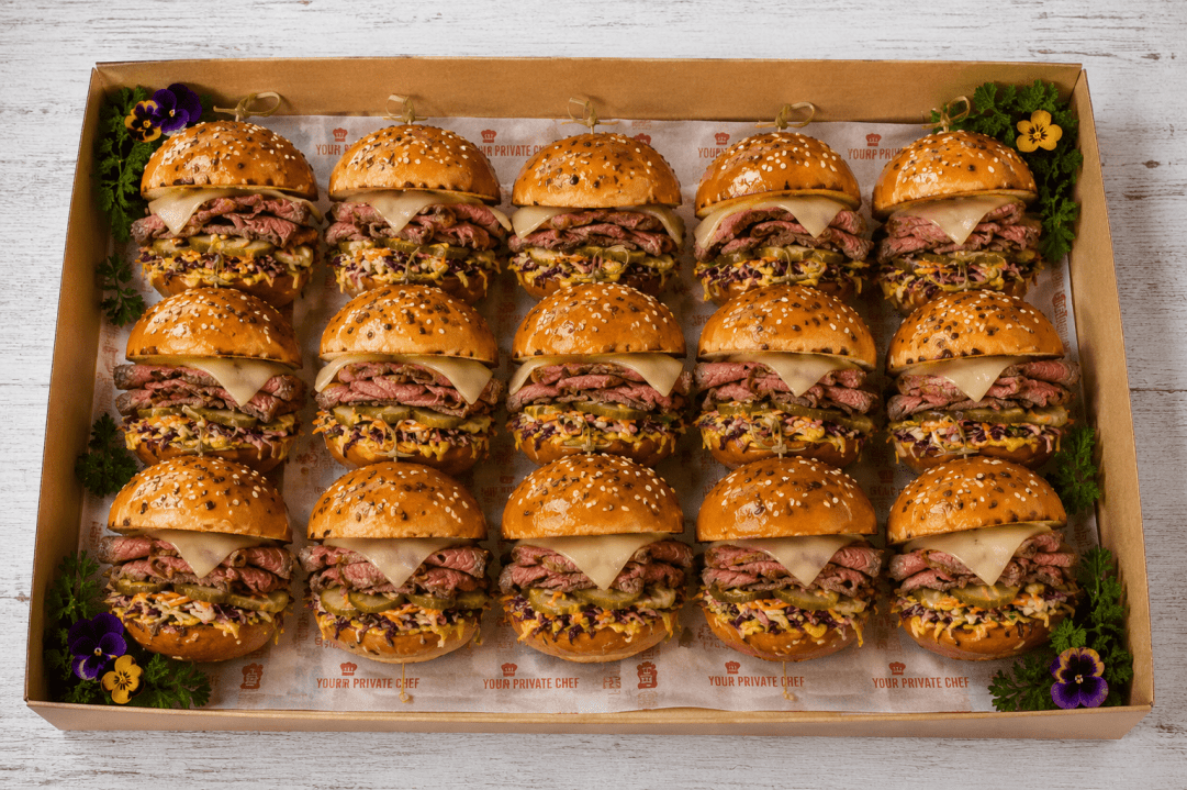 Brioche Mini Round Bun with Rare Beef, Swiss Cheese, Slaw, Mustard & Pickles