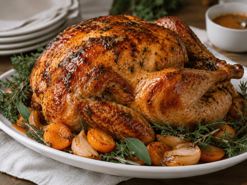 Whole slow roasted Turkey with spiced apricot glaze, cooked and ready for reheating. 3.6kg (GF)