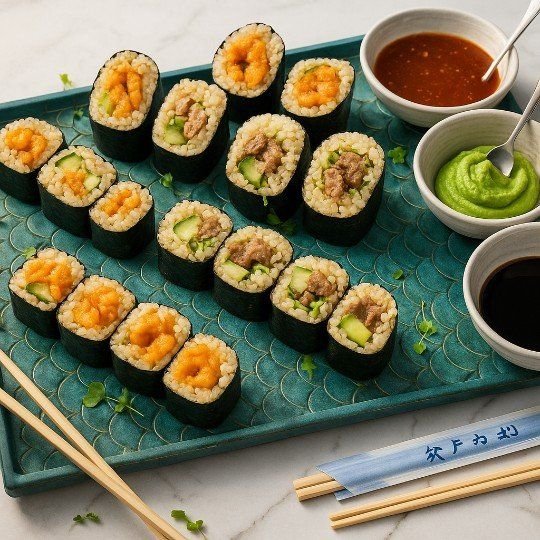 Teriyaki beef brown rice sushi hand roll (df/nf)